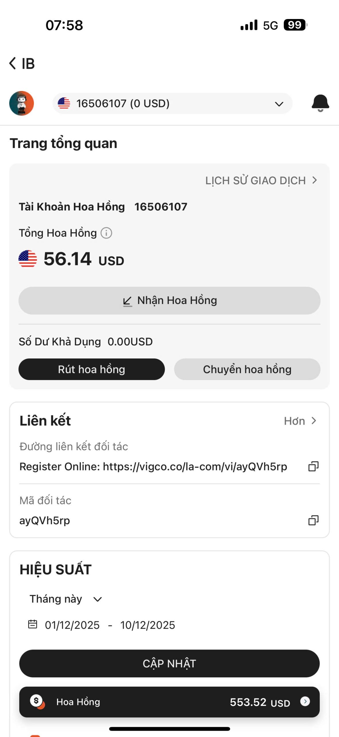 Kết quả affiliate Vantage